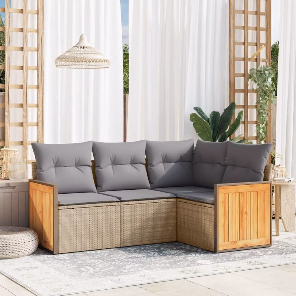 Set Divano da Giardino a L vidaXL 4 pz con Cuscini Beige e Struttura in Metallo e Legno di Acacia – 1