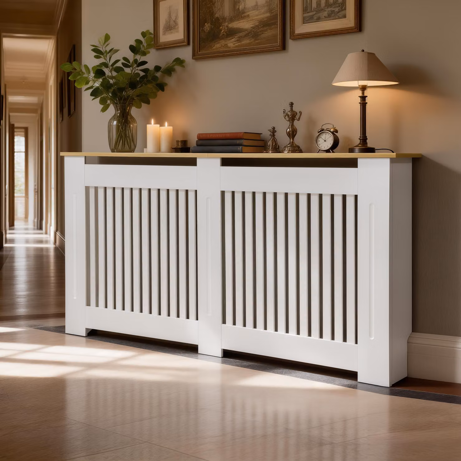Copertura per termosifoni WISFOR con ripiano, listelli verticali, 152 x 20 x 83 cm, MDF bianco. Scaffale per termosifoni, ideale per soggiorno o camera da letto