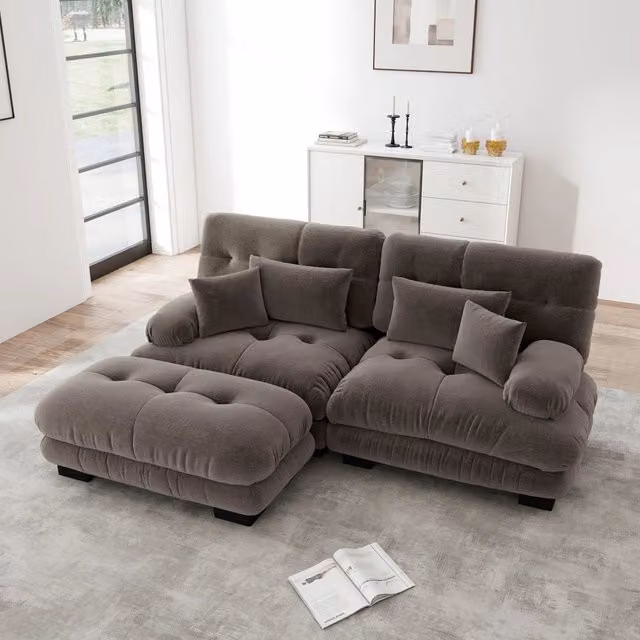 Canapé modulaire in chenille con cuscini lombari e pouf, seduta profonda e braccioli morbidi marrone 220 × 145 × 81 cm