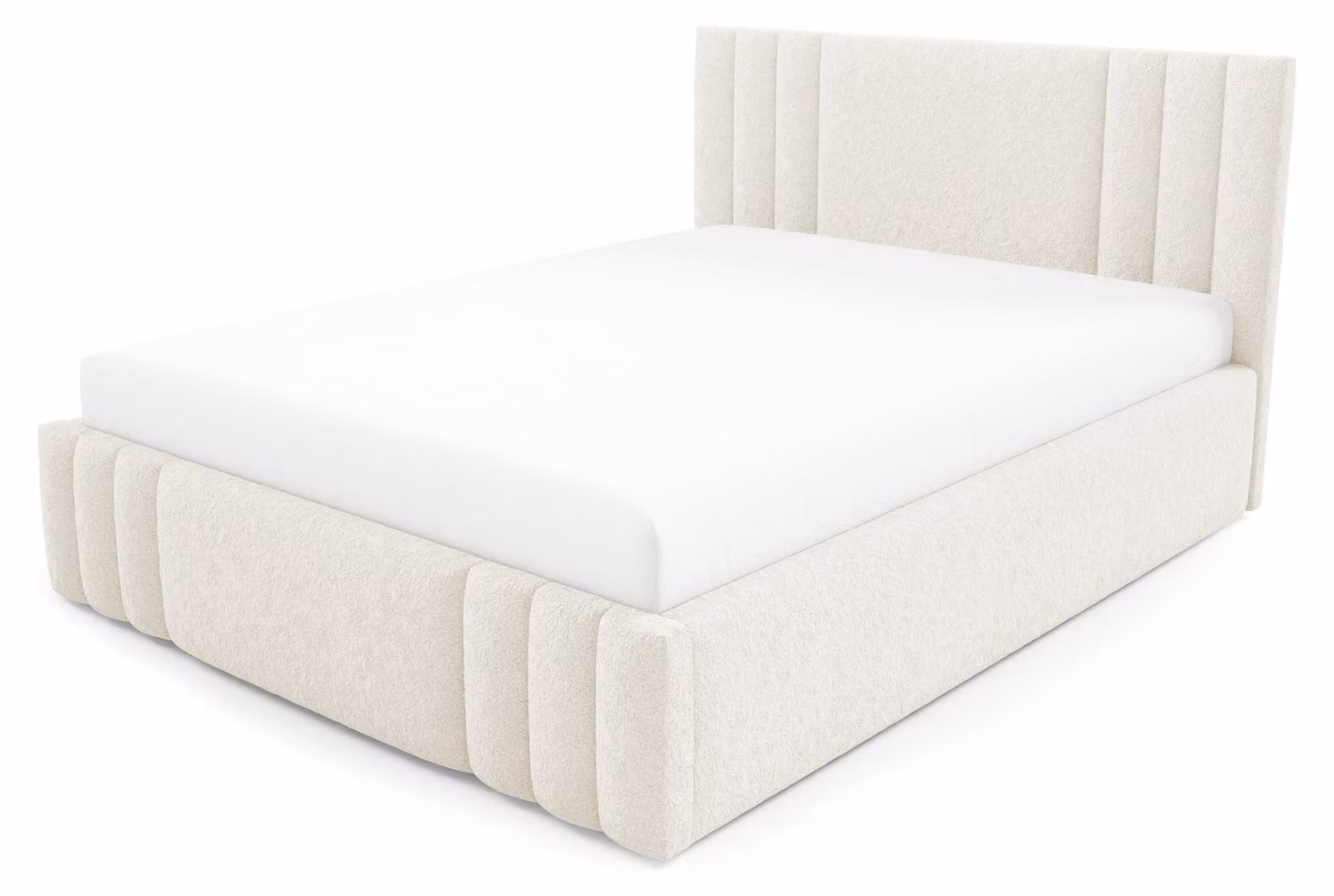 Letto imbottito con contenitore, rivestito in tessuto color avorio, dimensioni 140 x 200 cm