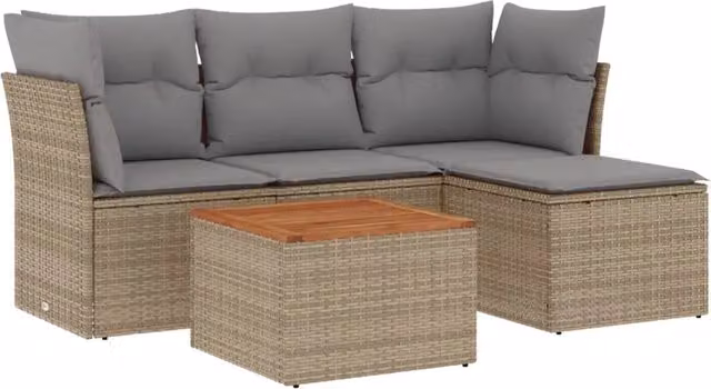 Set Divano da Giardino 5 pz | Set Salotto da Giardino con Cuscini Beige Misto Polyrattan