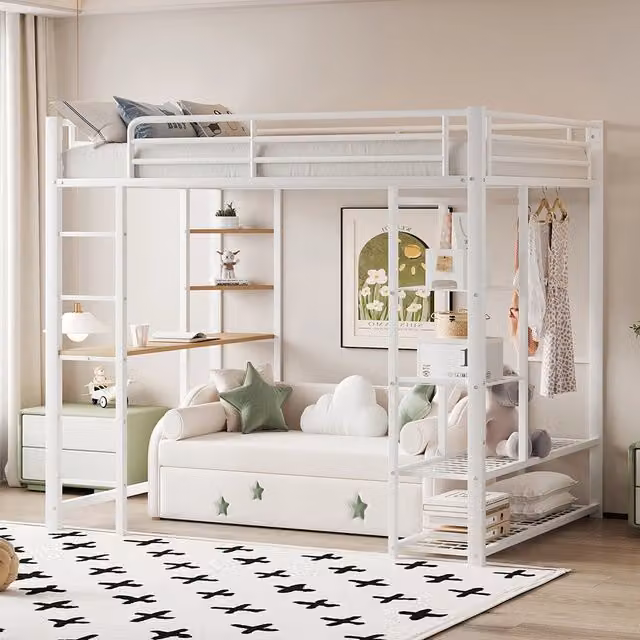 Letto singolo per bambini con scala e scrivania - Xylo - 90x200 cm - Bianco - Con spazio di archiviazione