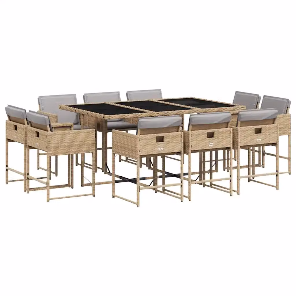 Set Pranzo da Giardino vidaXL in Polyrattan con Cuscini Beige e Grigio, 11 Pezzi con Tavolo in Vetro – 2