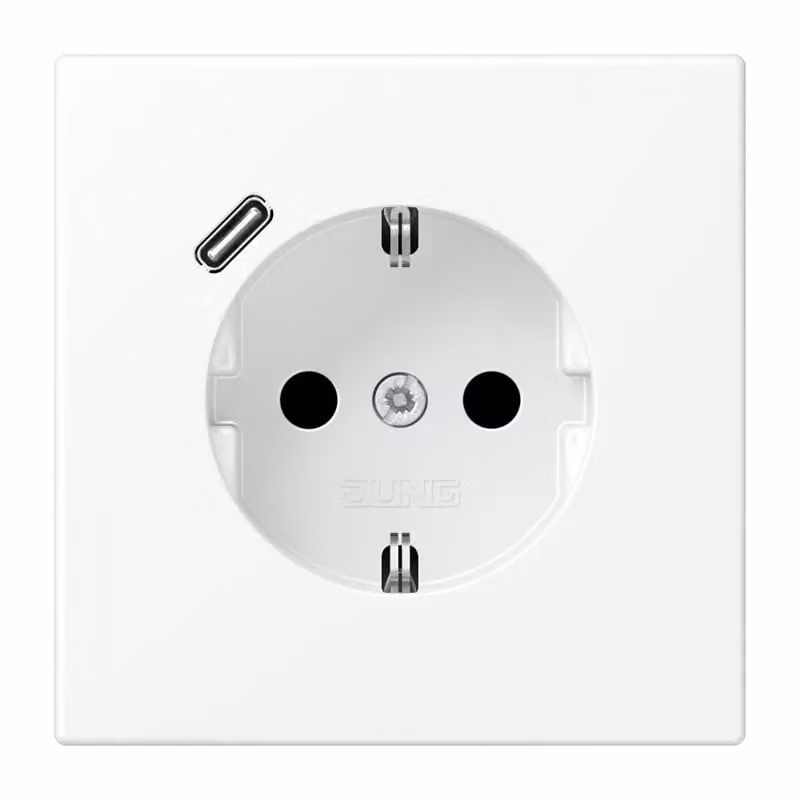 Presa Jung SCHUKO da 16 A 250 V ~, con caricatore USB 1 x tipo C, protezione integrata contro le scosse elettriche, serie LS, bianco neve opaco LS1520-18CWWM