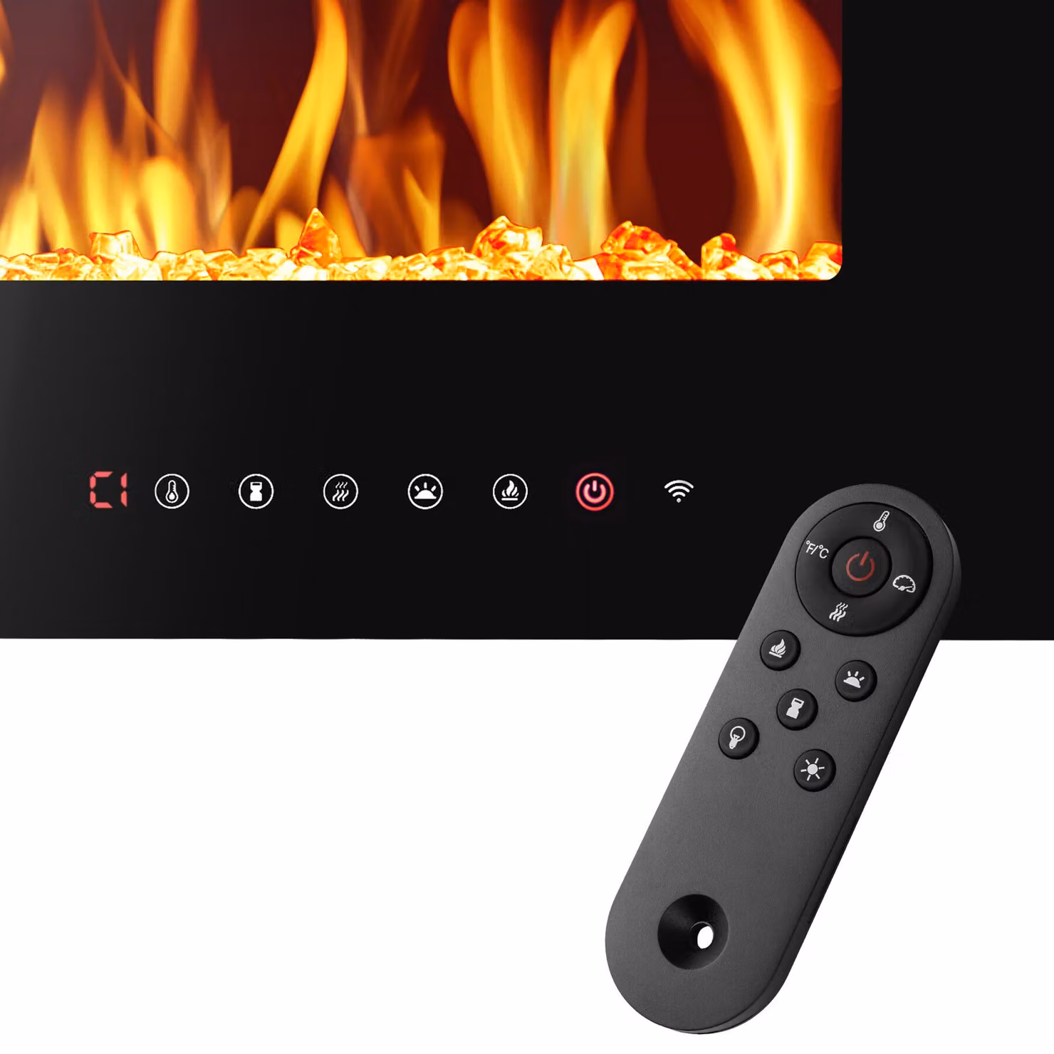 Caminetto elettrico da parete tectake nero con effetto fiamma, controllo tramite app e 2 livelli di riscaldamento, L/P/H: 91.5 x 43.0 x 12.0 cm – 1