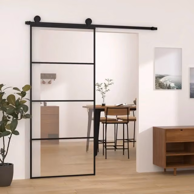 Porta Scorrevole vidaXL in Vetro e Alluminio Nero con Ferramenta L: 90 cm, H: 205 cm