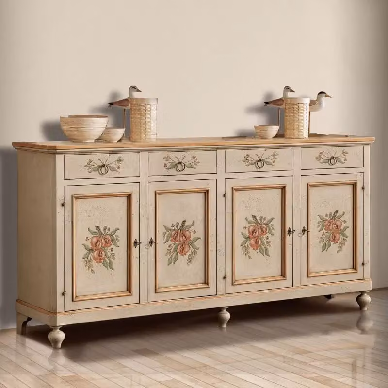 Madia credenza in legno stile provenzale laccata a mano con decoro floreale bianca Mobili 2G L: 198 cm, P: 55 cm, H: 107 cm – 1