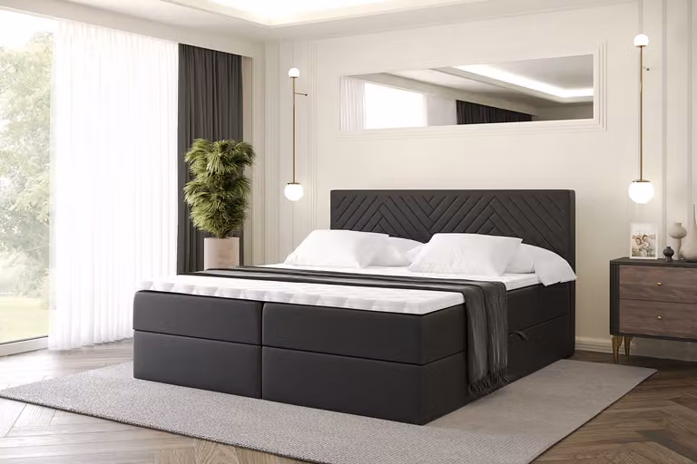 Letto boxspring ALTDECOR con materasso e rete a doghe, topper, letto imbottito con contenitore, letto con spazio contenitivo e materasso H3, letto matrimoniale, letto a cassettoni - VEXA - 160x200 - Pelle finta nera