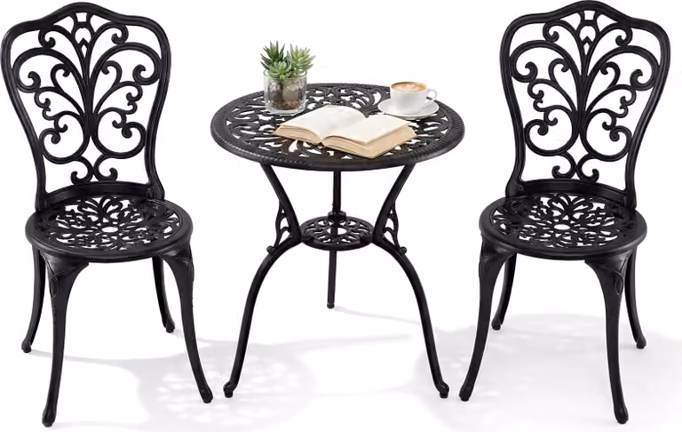 COSTWAY Set di mobili da giardino 3 pezzi, tavolo da bistrot con 2 sedie e foro per ombrellone, set da bistrot, mobili da balcone in alluminio pressofuso, set da giardino, set di sedute nero