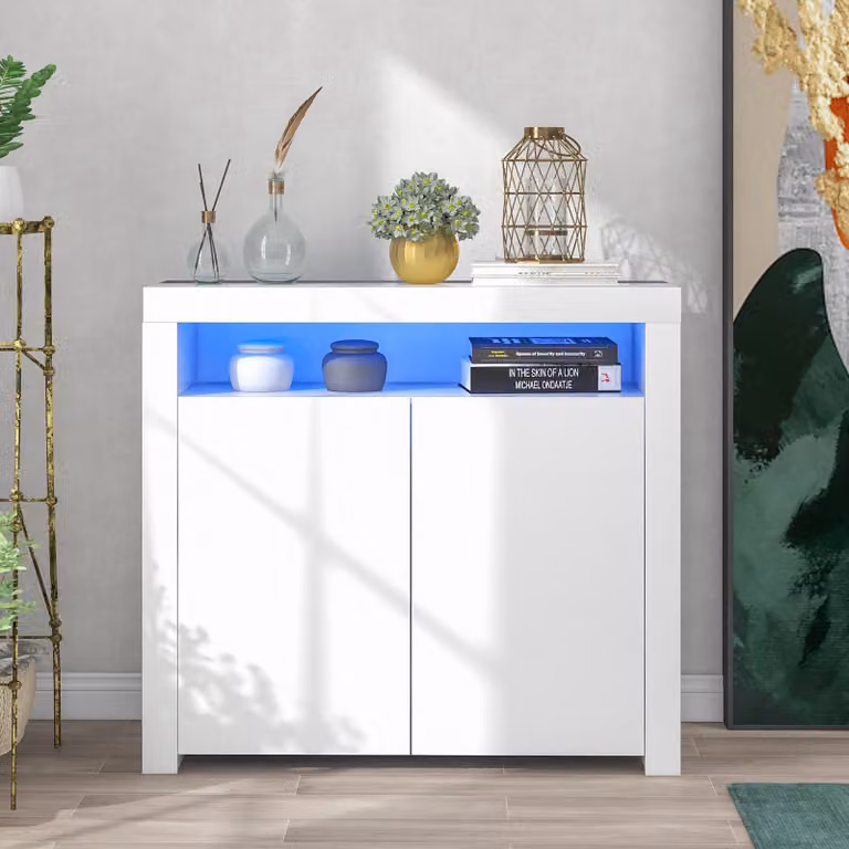 okwish Comò Credenza da soggiorno Credenza Mobile contenitore Laccato lucido con illuminazione a LED, Mobile da cucina moderno in legno bianco