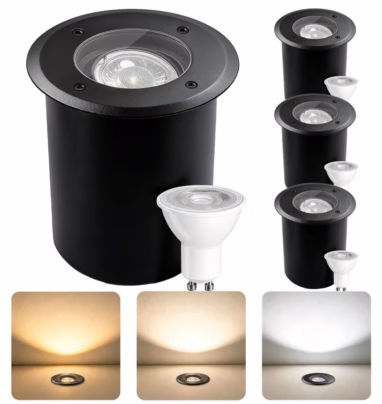 Set di 4 faretti da incasso a pavimento, attacco GU10, grado di protezione IP67, 230V, colore nero
