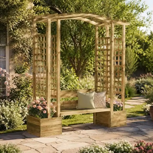 Garden Pergola With Bench And Planters, Made Of Impregnated Pine Wood