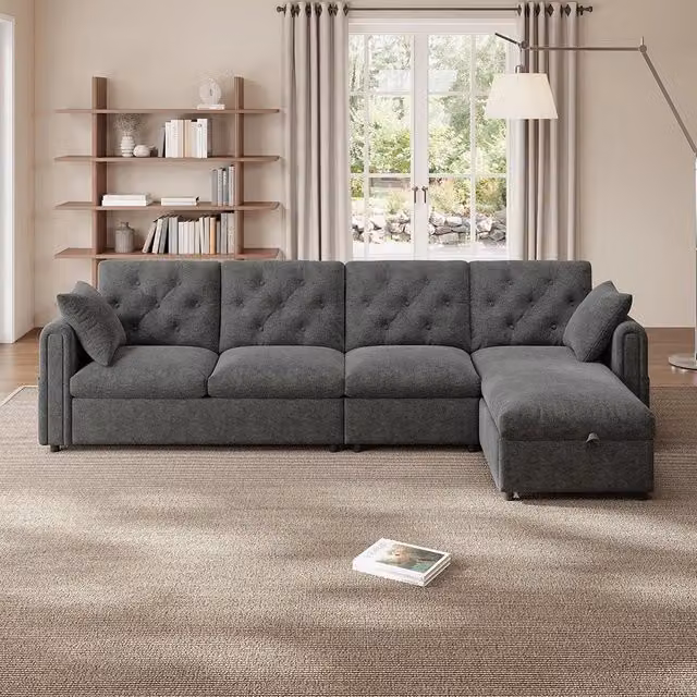 Divano moderno in velluto - Xylo - Angolare con ripostiglio, grigio (281cm)