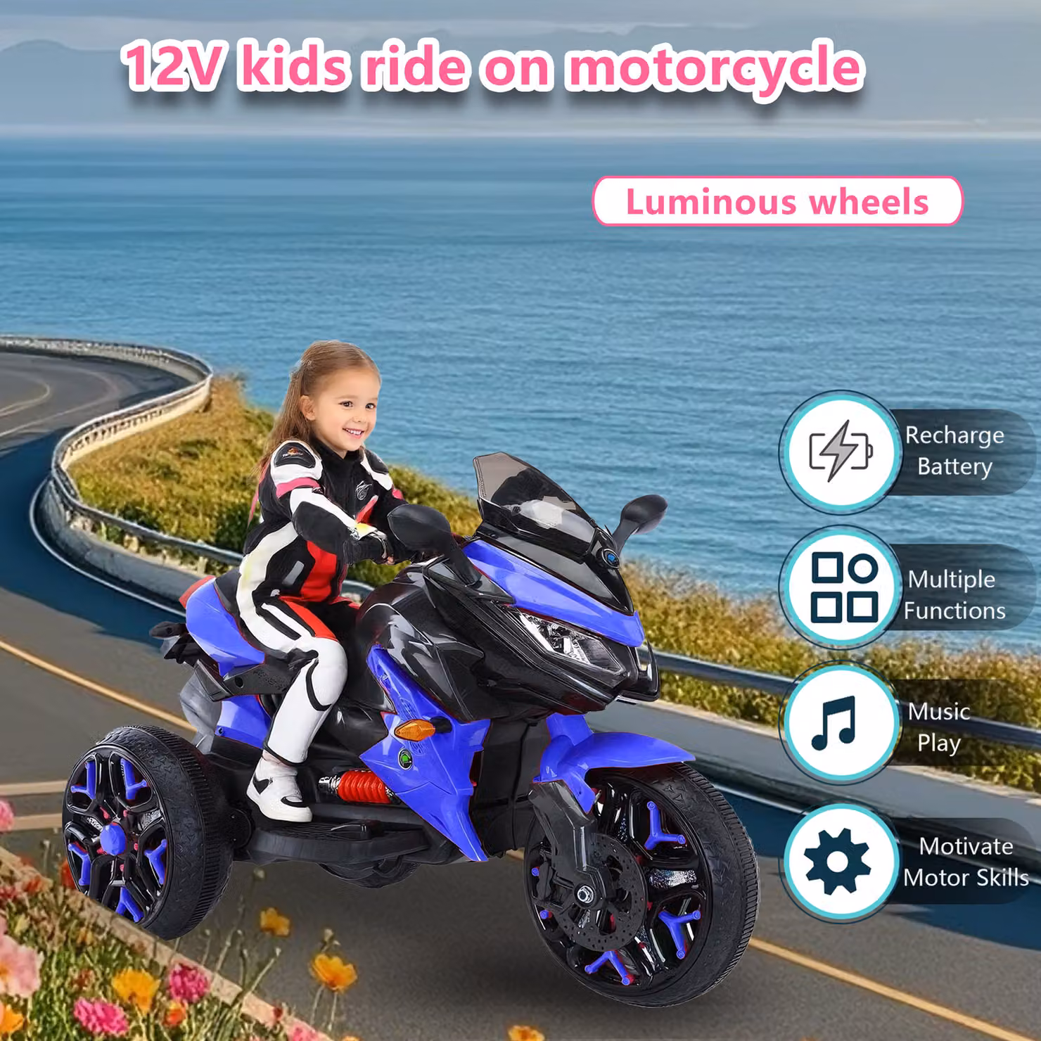 Moto elettrica da 12V per bambini Aosom Blu con luci LED, ruote luminose e musica Bluetooth L/P/H: 115 x 59 x 73 cm – 2