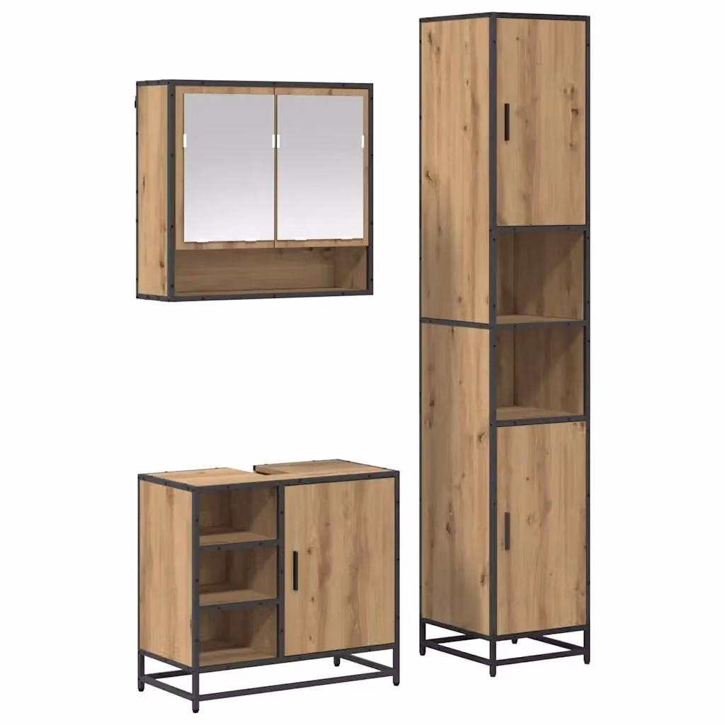 Set di mobili per il bagno vidaXL 3 pezzi in rovere e metallo nero, composto da mobile lavabo, armadietto con specchio e colonna alta – 2
