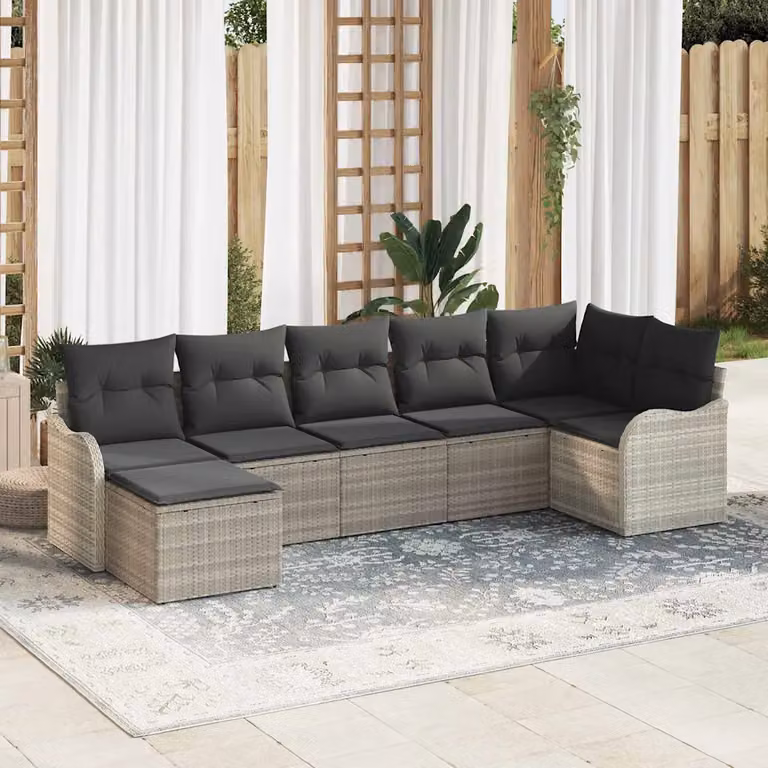 Set Divano da Giardino vidaXL 7 pz a L in Polyrattan Grigio con Cuscini e Ottoman
