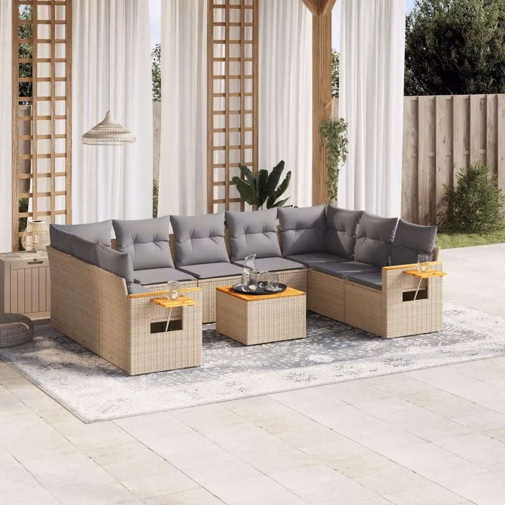 vidaXL Set Divano da Giardino 10 pz in Polyrattan con Cuscini Beige e Tavolino da Esterno – 1