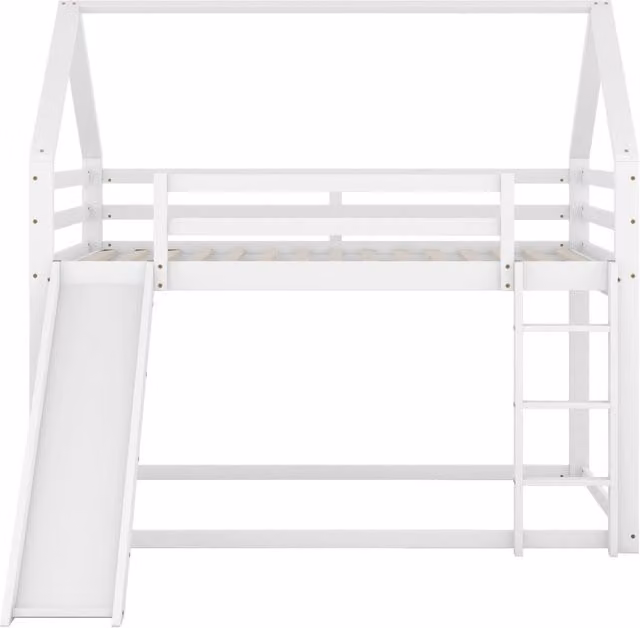 Letto a castello a forma di casetta per bambini con scivolo e scala, bianco, 140x200 cm