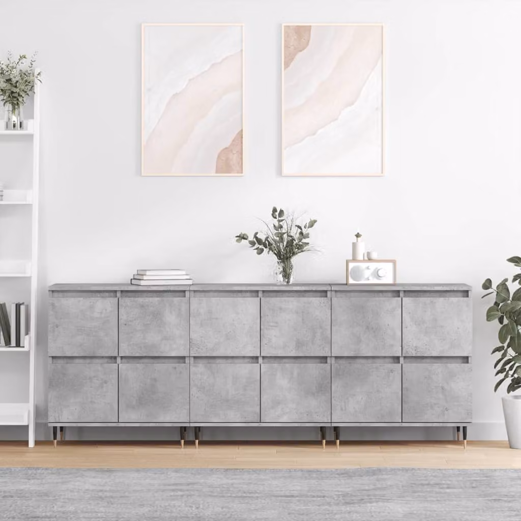 Set di 3 credenze vidaXL in legno e metallo, colore grigio cemento, stile classico per soggiorno o camera da letto