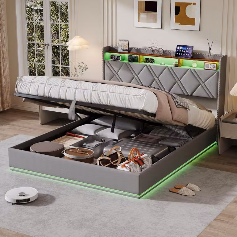 Letto imbottito ProximaX 160x200 cm con funzione di ricarica (USB e Type-C), letto matrimoniale per ragazzi con contenitore e LED, letto boxspring idraulico, rivestimento in lino, grigio