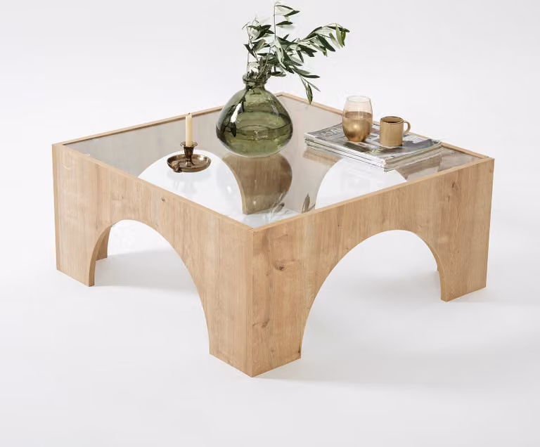 Skye Decor, Seine - Sapphire Oak, trasparente, tavolino, 100% vetro temperato, rovere, 80 x 80 x 35 cm