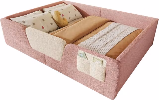 Letto per bambini moderno in velluto rosa con barriere rimovibili e tasca laterale L/P: 140 x 190 cm – 1