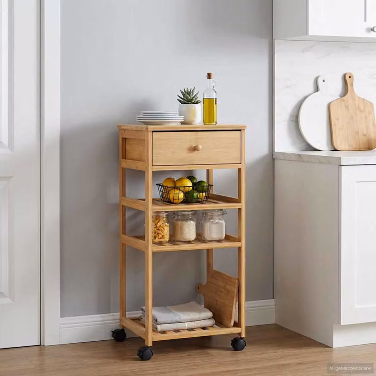 vidaXL Carrello da Cucina Moderno in Bambù con Ruote, Colore Naturale, L/P/H: 37 x 36 x 80 cm