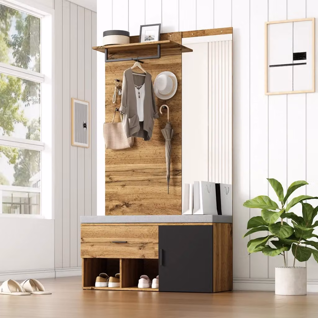 Set guardaroba da ingresso WISHDOR moderno in effetto rovere marrone con specchio, panca, scarpiera e appendiabiti L: 190 cm, H: 104 cm, P: 42,9 cm – 2