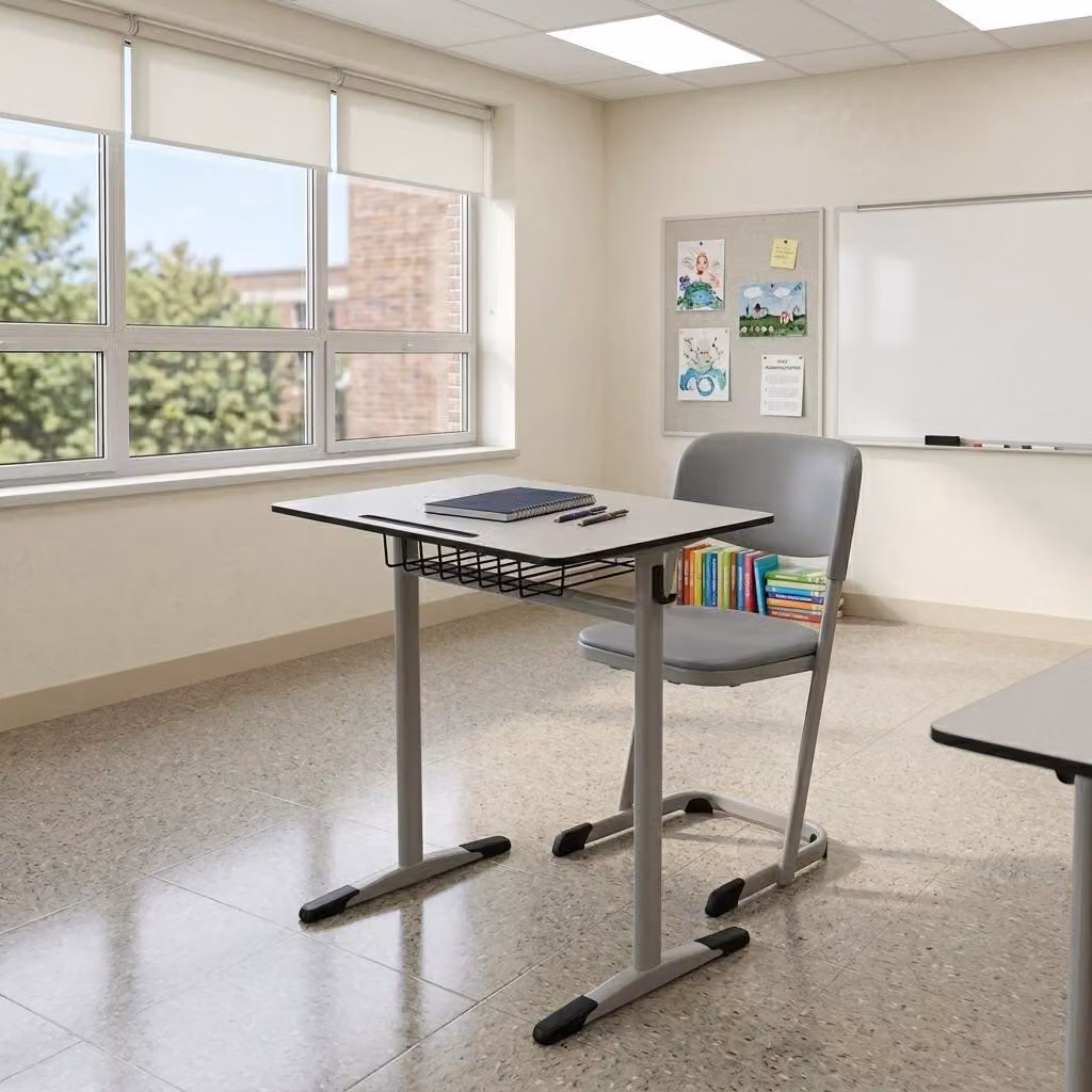 Set moderno per aule: scrivania singola, sedia per studenti. Elegante set da 2 pezzi