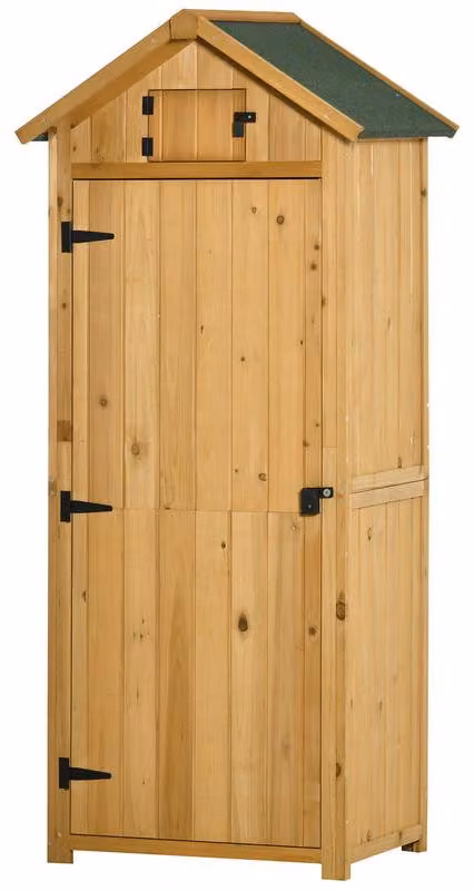 Piccola casetta da giardino in legno e armadietto da esterno, entrambi con tetto in metallo e scaffali integrati