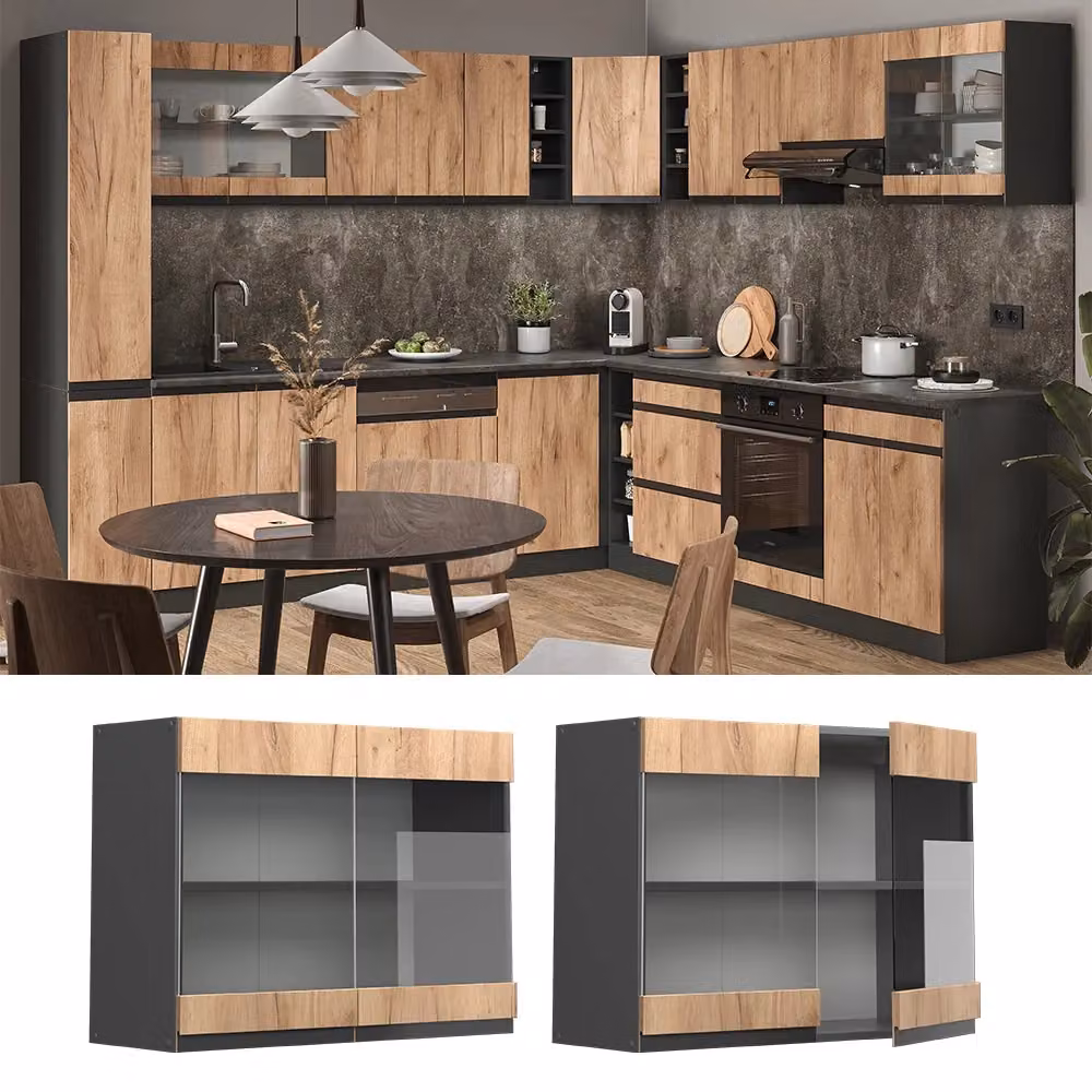 Pensile da cucina Vicco R-Line con ante in vetro, Rovere dorato e Antracite, L: 80 cm – 2