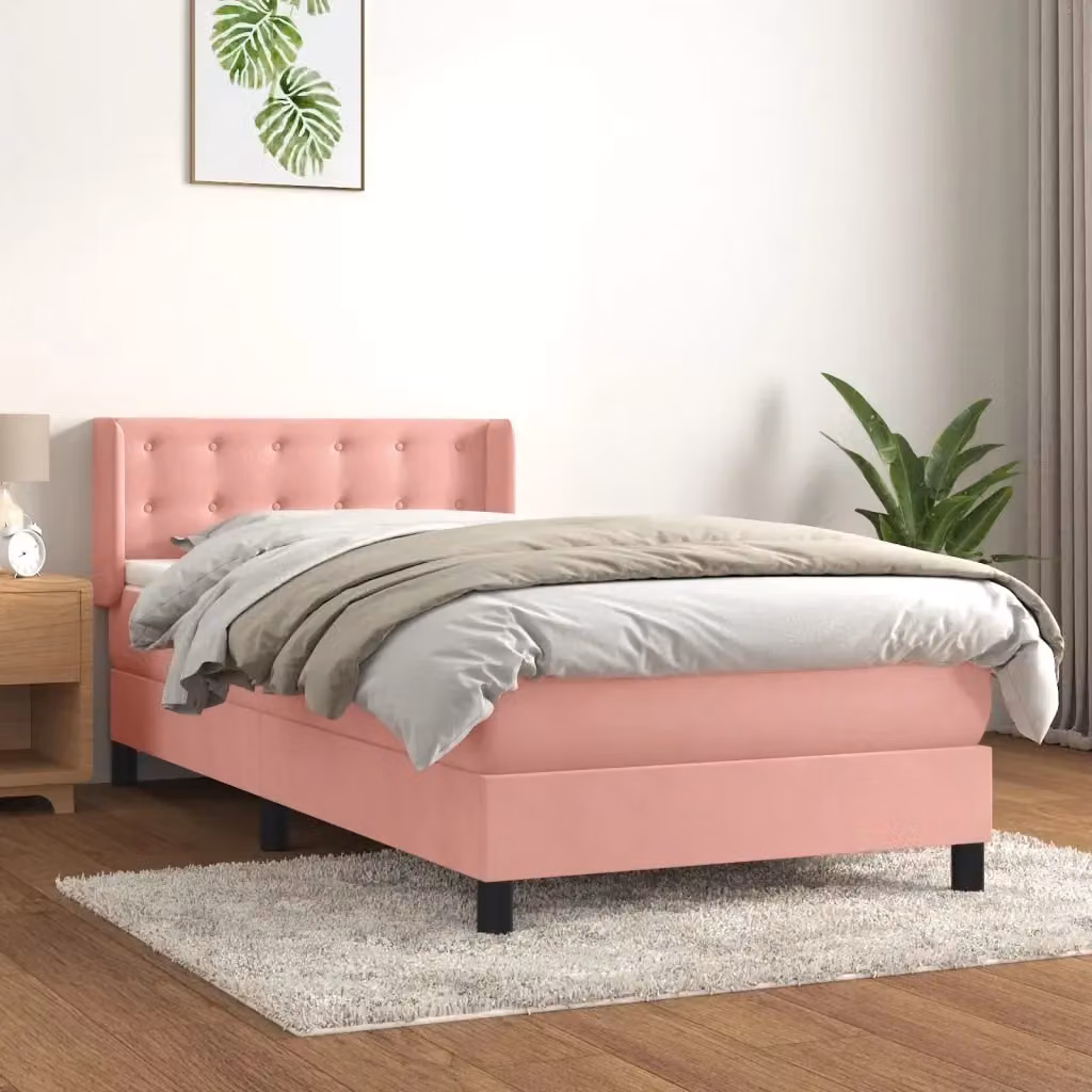 Letto singolo moderno in velluto rosa e bianco con struttura in legno e materasso ibrido L/P/H: 90 x 200 x 4 cm – 2
