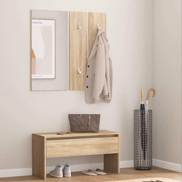 Set di mobili da corridoio moderno vidaXL in legno multistrato marrone con panca, specchio e pannello con ganci