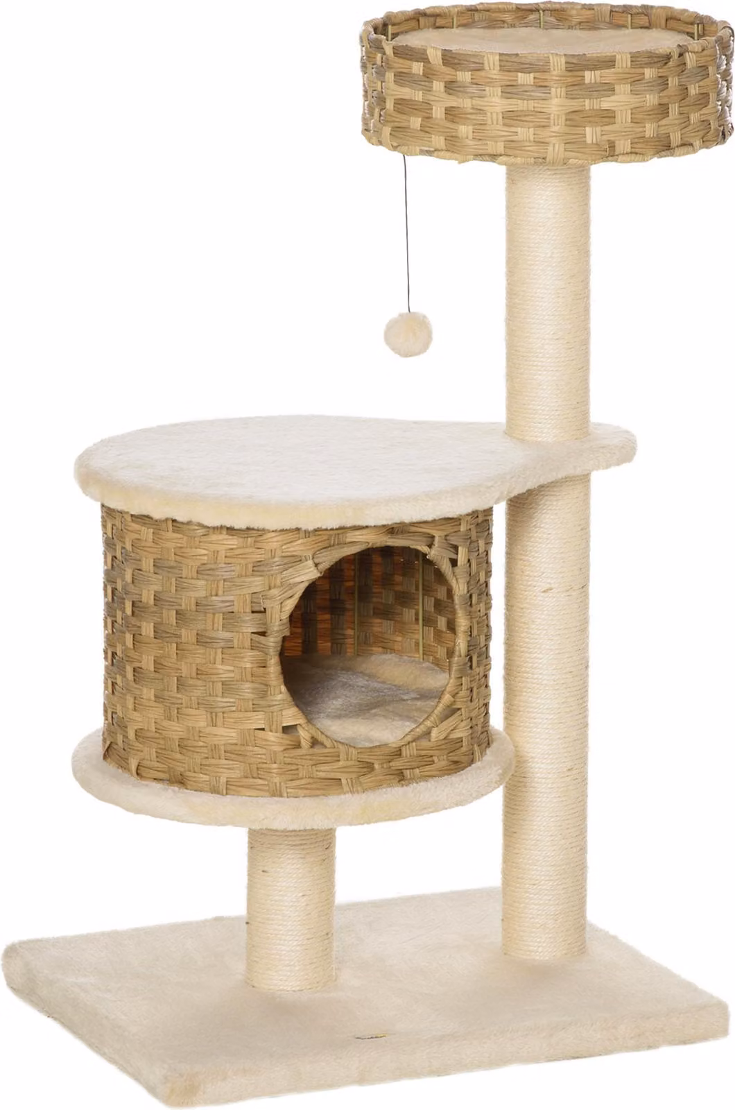 Albero per gatti Moonbite, aspetto rattan, 95 cm di altezza, multistrato, con cuccia, pali in sisal per graffiare e palla sospesa, rivestito in peluche, adatto a gatti fino a 5 kg, realizzato in pannello di legno e materiali naturali