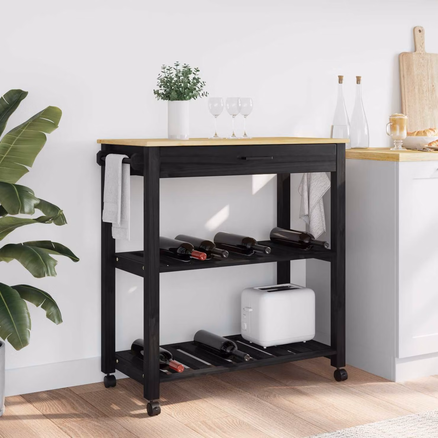 vidaXL Carrello da Cucina MONZA Moderno in Legno di Pino Nero con Ruote L/P/H: 84 x 40 x 88,5 cm