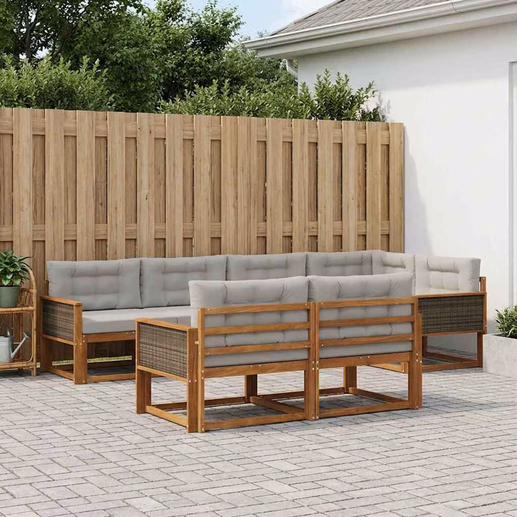 Set di divani da esterno vidaXL a forma di U in legno di acacia con cuscini, 8 pezzi, Marrone e Grigio