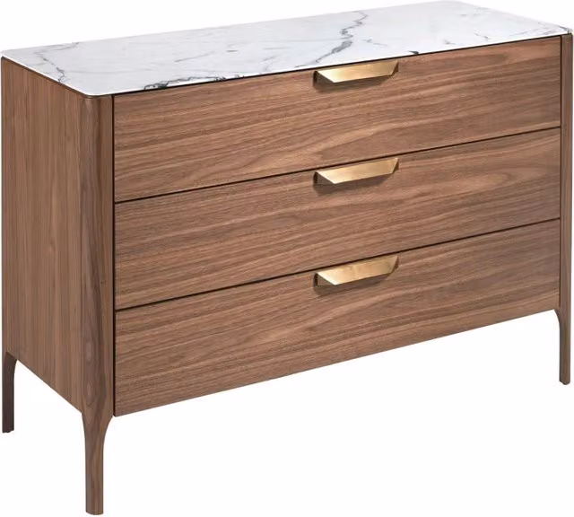 Cassettiera moderna Angel Cerdá in noce con piano in vetro effetto marmo e cassetti soft-close L: 120 cm, H: 80 cm, P: 45 cm – 1