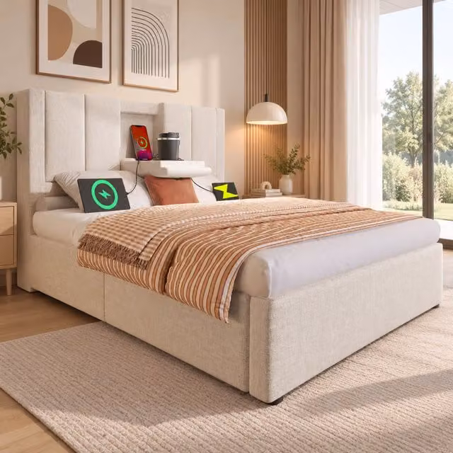 Letto contenitore imbottito 90x200 cm; sollevamento idraulico; portabicchiere nascosto; stazione di ricarica; rete a doghe; lino; beige