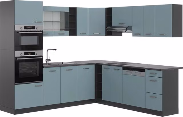Cucina angolare moderna Vicco R-Line in legno e metallo, colore Grigio-blu/Antracite opaco, L 247 cm x P 237 cm, senza piano di lavoro – 1