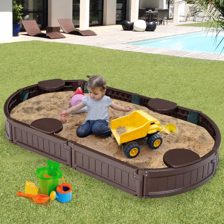 Costway Recinto per sabbia ellittico per bambini con copertura impermeabile, Marrone