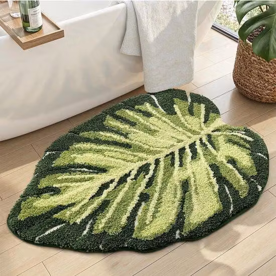 Tappetino da bagno 50 x 80 cm, antiscivolo, morbido, lavabile in lavatrice, assorbente, con motivo a foglie, per doccia, box doccia e vasca da bagno, verde