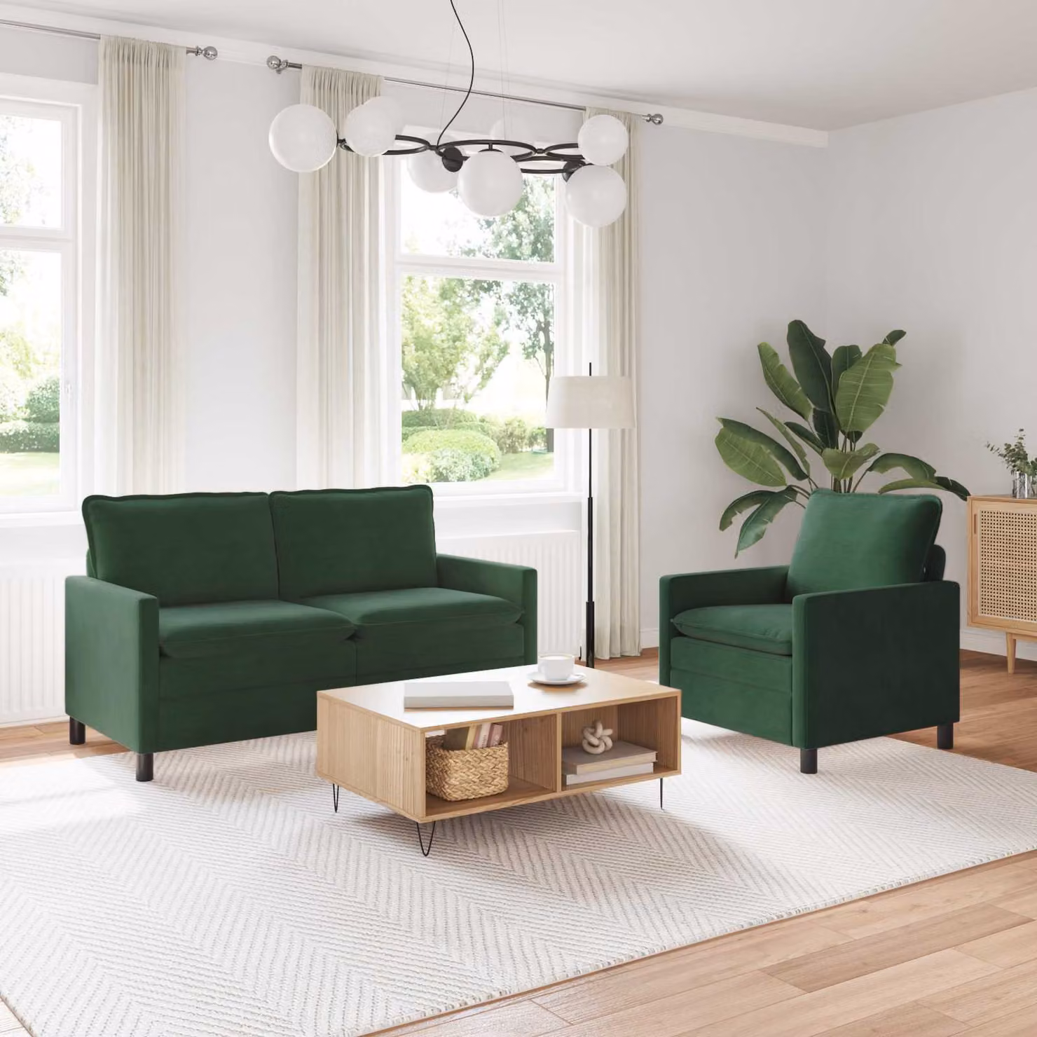 Set di 2 divani moderni vidaXL in tessuto verde e nero con struttura in metallo e cuscini inclusi