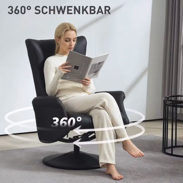 Poltrona Relax REDOM Nera con Poggiapiede, Girevole a 360 Gradi e Regolazione Manuale, L/P/H: 70 x 79 x 105 cm – 1