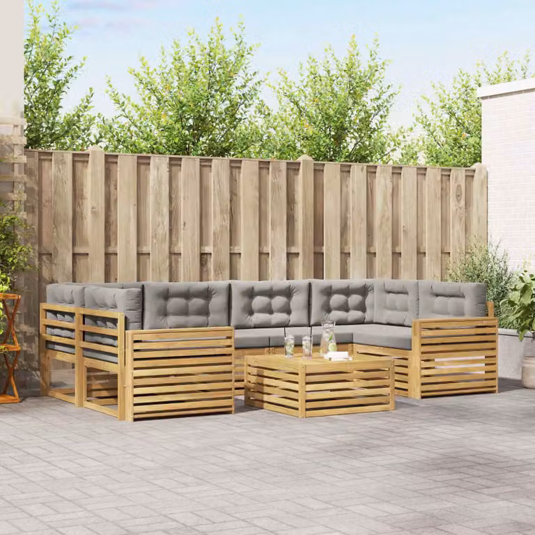 vidaXL Set di divani da esterno a L composto da 7 pezzi in legno di acacia con cuscini, Bianco, Grigio e Marrone