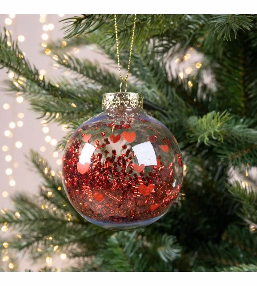Decoris Sfera di Natale Trasparente con Cuori e Coriandoli Rossi - 8 cm