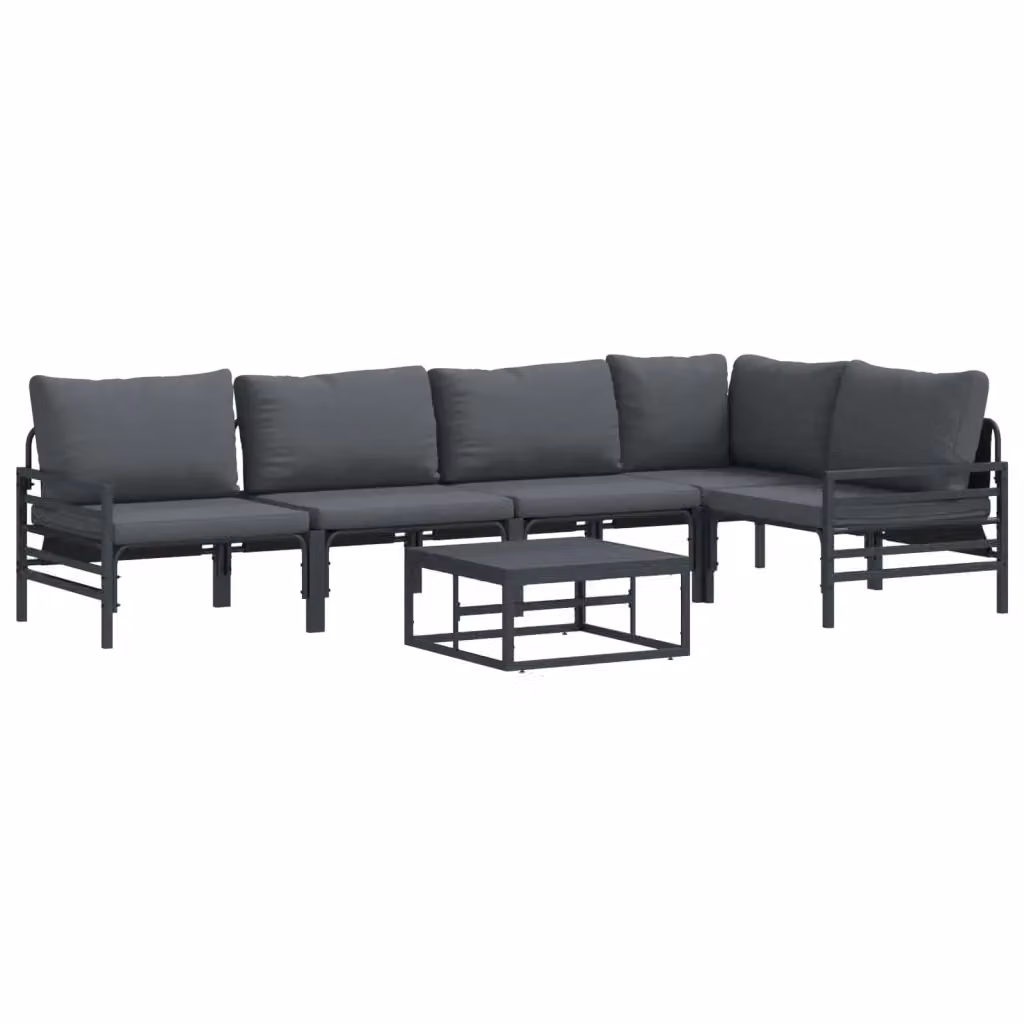 Set Divano da Giardino vidaXL a Forma a L in Acciaio Verniciato Nero con Cuscini e Tavolino da 6 Pezzi – 2