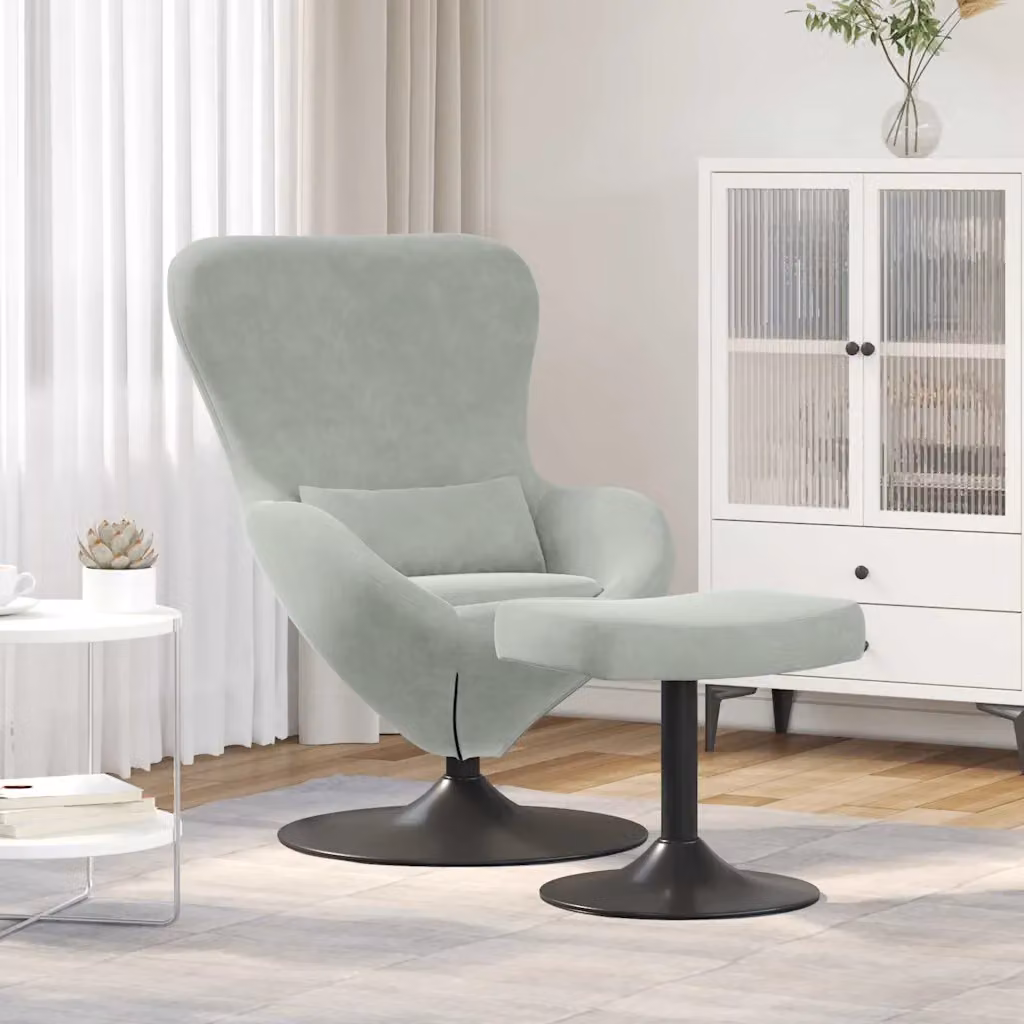 Sedia Egg con Pouf vidaXL in Velluto Grigio Chiaro con Struttura in Metallo e Rotazione a 360 Gradi