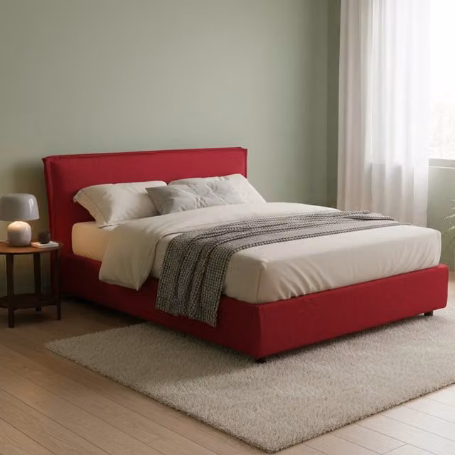 Letto Matrimoniale Brolo DMORA con Contenitore a Alzata, Rivestimento in Tessuto Sfoderabile, Rosso e Nero, L/P: 160 x 200 cm