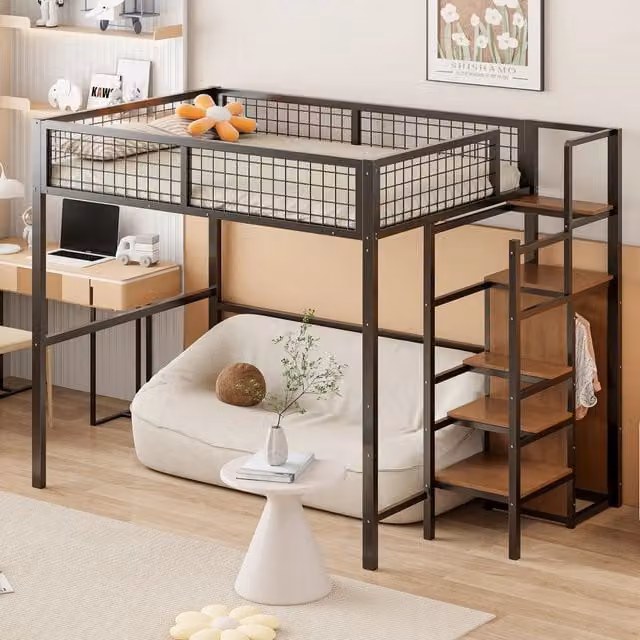 Letto a soppalco 140 × 200 cm 2 posti con scala, armadio e mensole, senza materasso, in metallo nero per bambini