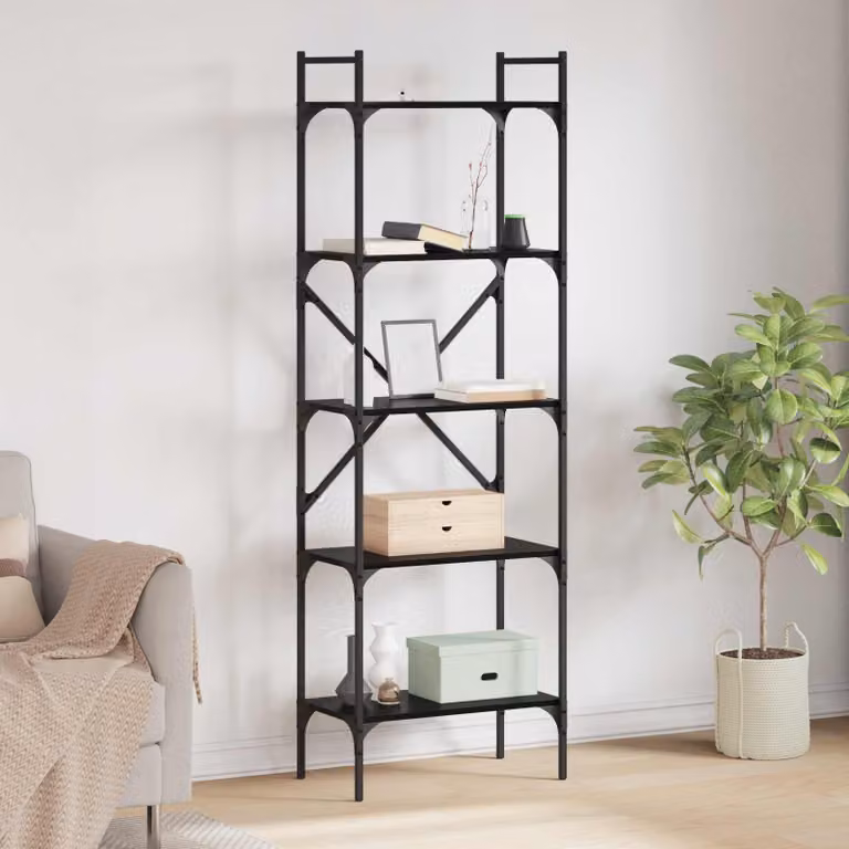 Libreria vidaXL a 5 livelli in metallo e MDF nero per soggiorno L 56 cm x P 32 cm x H 174 cm